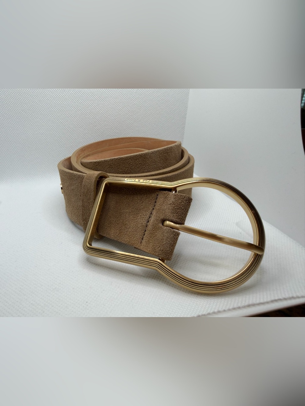rag & bone Suede Leather Belt Tan Camel Gold Tone Buckle Made in England Size L